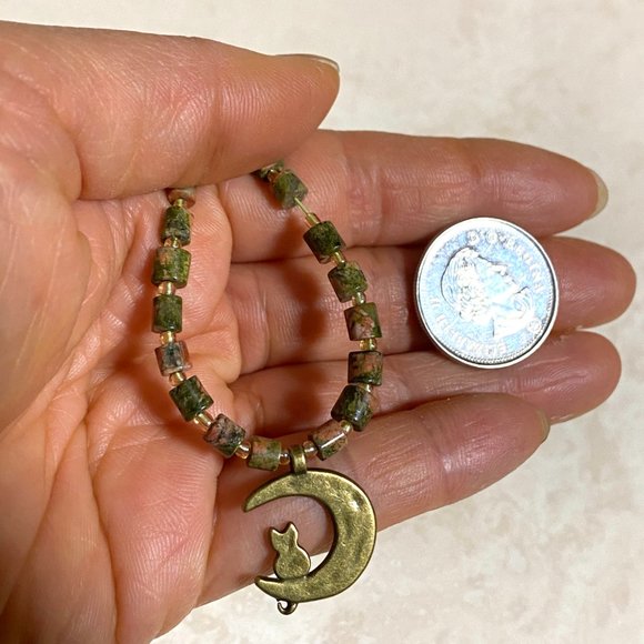 Unakite Stone Bronze Cat on the Moon Necklace, Genuine Gemstone Beaded Necklace - Picture 9 of 9